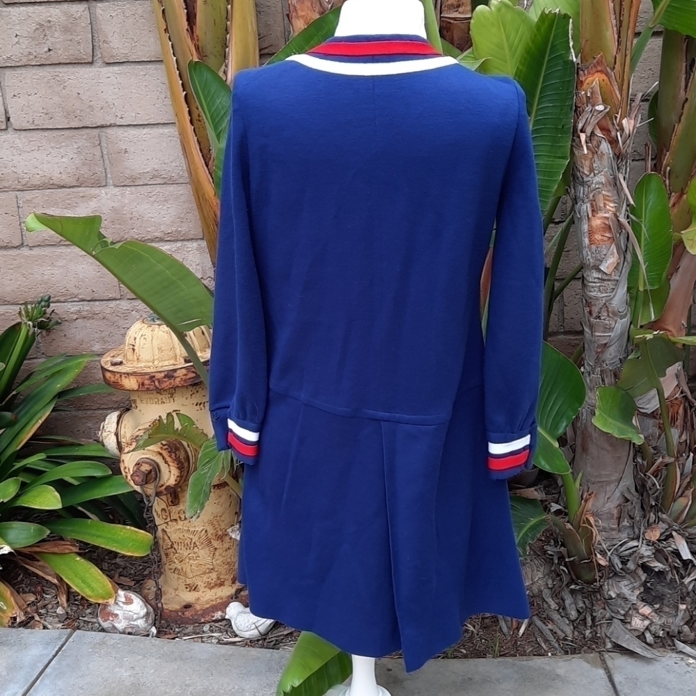 Vintage Handmade Navy Blue Red Stripe Mod Long Sleeve Dress Small - Picture 5 of 13